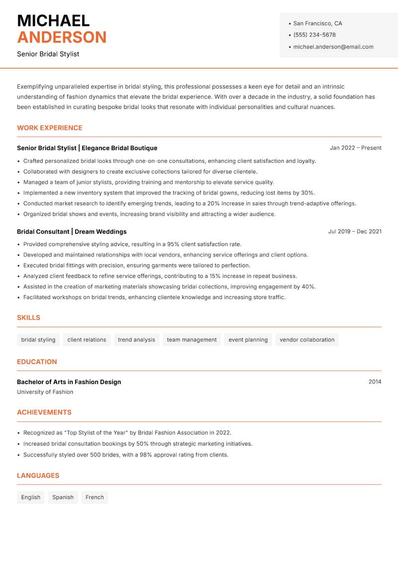 Bridal Stylist resume sample — Senior Bridal Stylist focus
