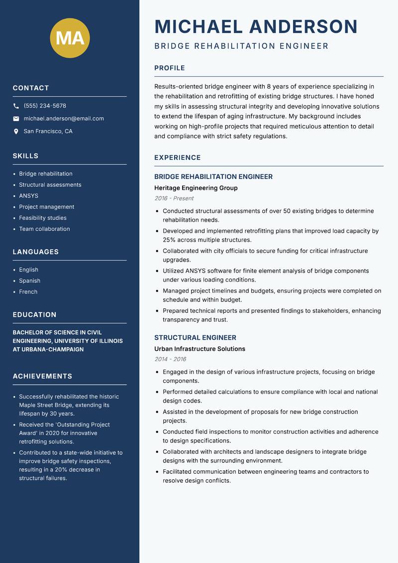 Bridge Engineer resume sample — Bridge Rehabilitation Engineer focus