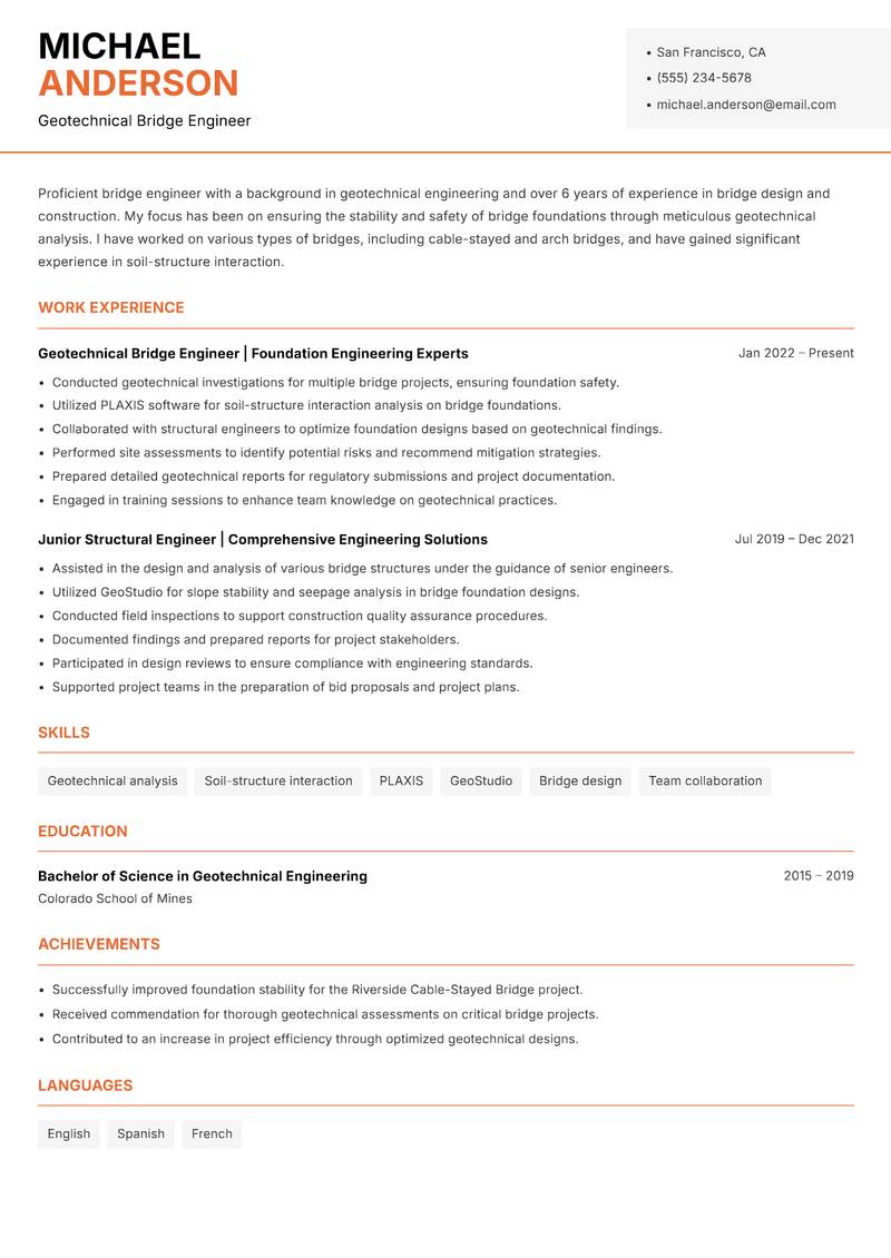 Bridge Engineer resume sample — Geotechnical Bridge Engineer focus