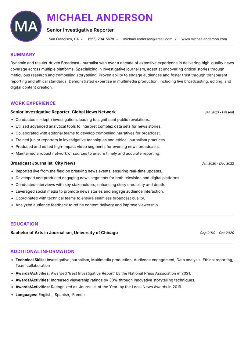 Broadcast Journalist resume example