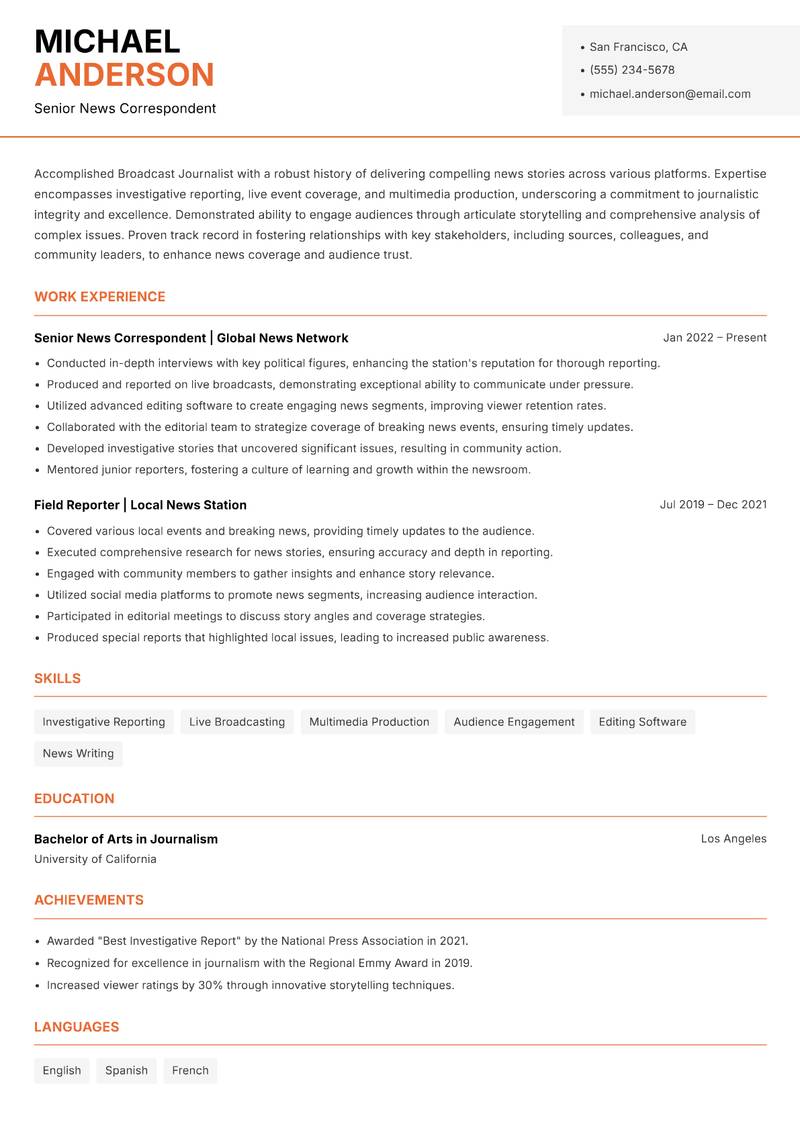 Broadcast Journalist resume sample — Senior News Correspondent focus