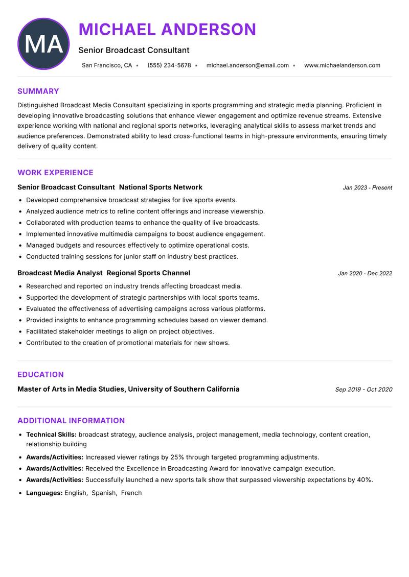 Broadcast Media Consultant Sports resume example
