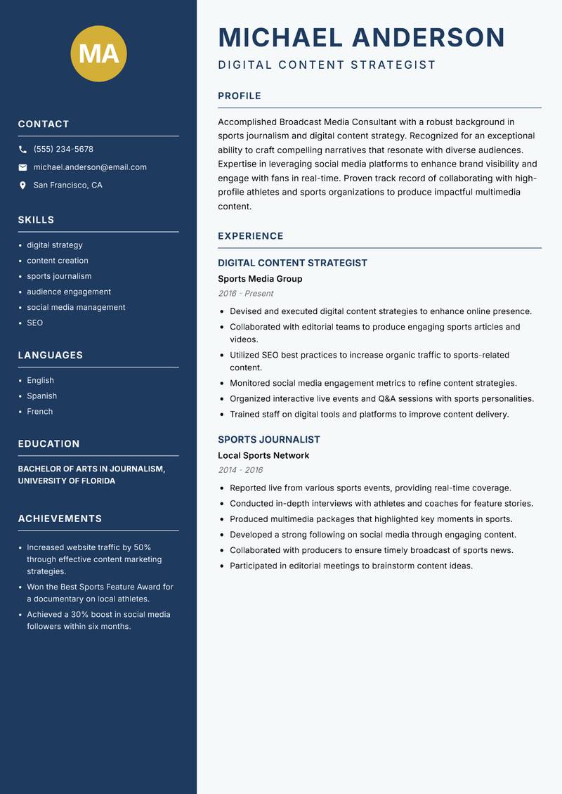 Broadcast Media Consultant Sports resume sample — Digital Content Strategist focus