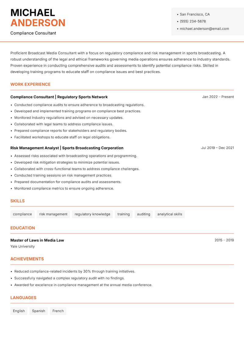 Broadcast Media Consultant Sports resume sample — Compliance Consultant focus