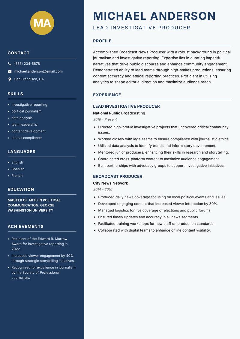 Broadcast News Producer resume sample — Lead Investigative Producer focus