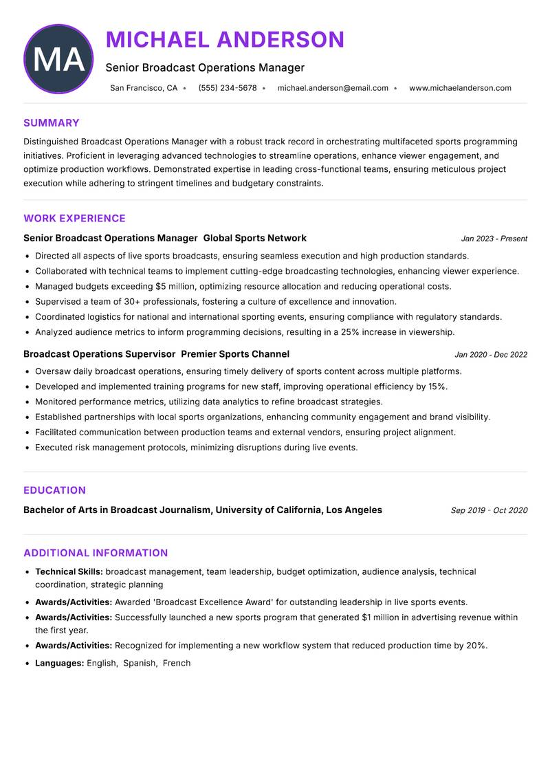 Broadcast Operations Manager Sports resume example
