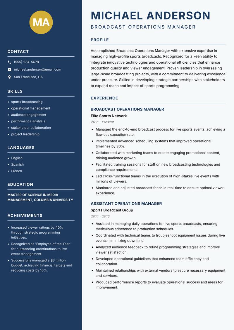 Broadcast Operations Manager Sports resume sample — Broadcast Operations Manager focus