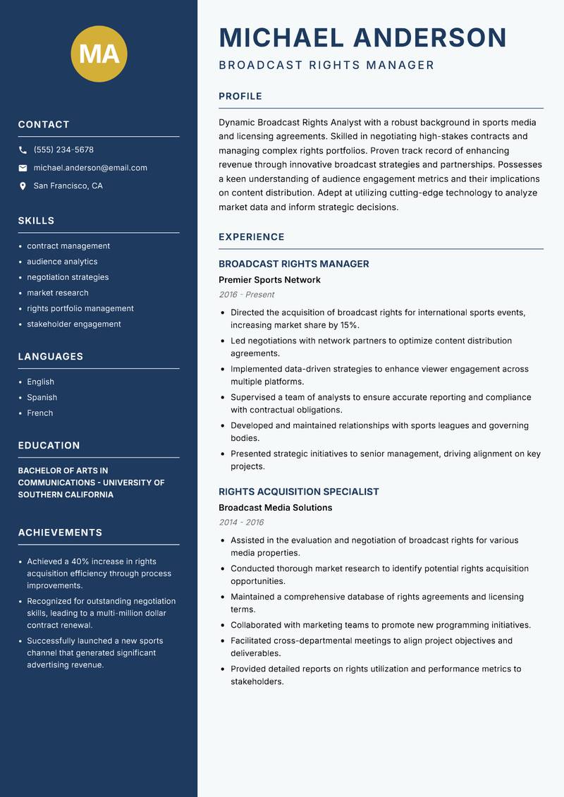 Broadcast Rights Analyst resume sample — Broadcast Rights Manager focus