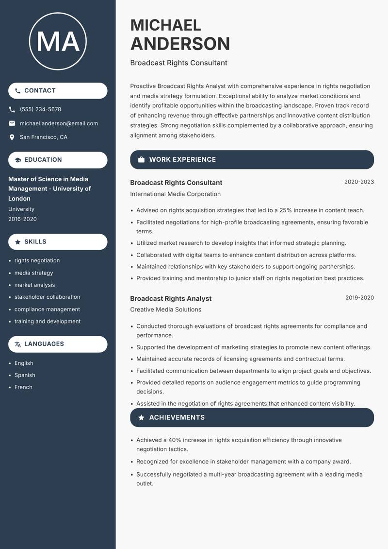 Broadcast Rights Analyst resume sample — Broadcast Rights Consultant focus
