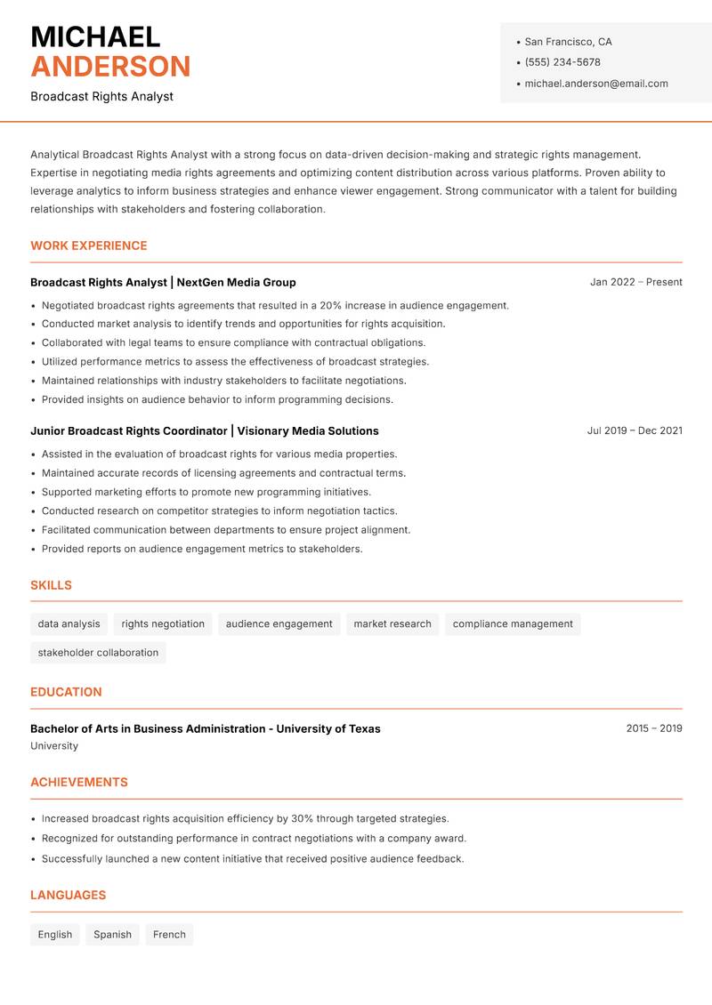 Broadcast Rights Analyst resume sample — Broadcast Rights Analyst focus