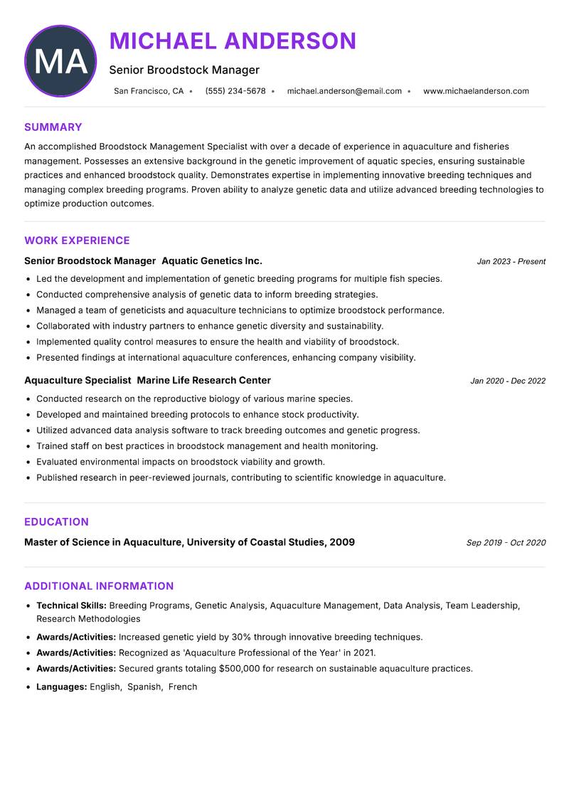 Broodstock Management Specialist resume example