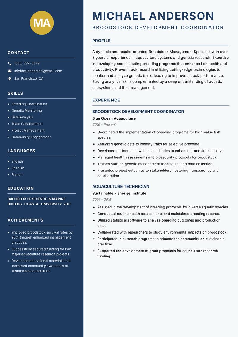 Broodstock Management Specialist resume sample — Broodstock Development Coordinator focus