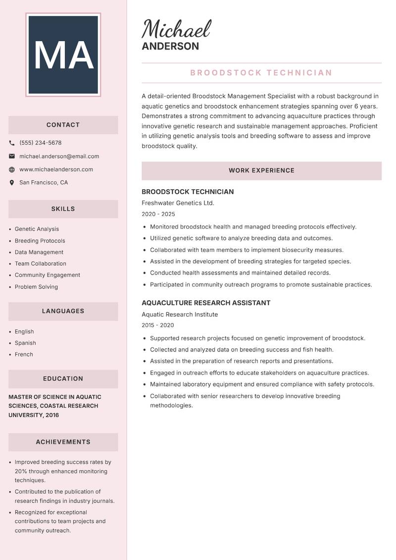 Broodstock Management Specialist resume sample — Broodstock Technician focus