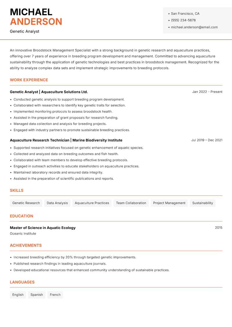 Broodstock Management Specialist resume sample — Genetic Analyst focus