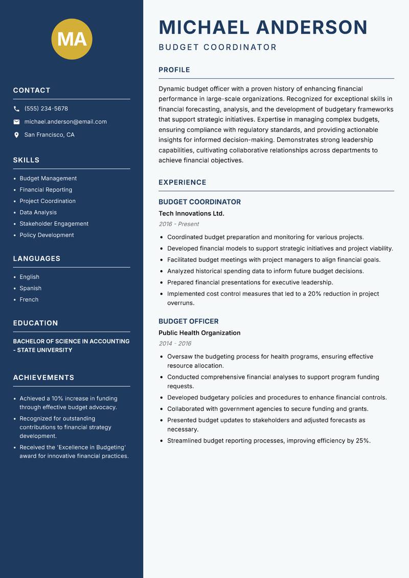 Budget Officer resume sample — Budget Coordinator focus