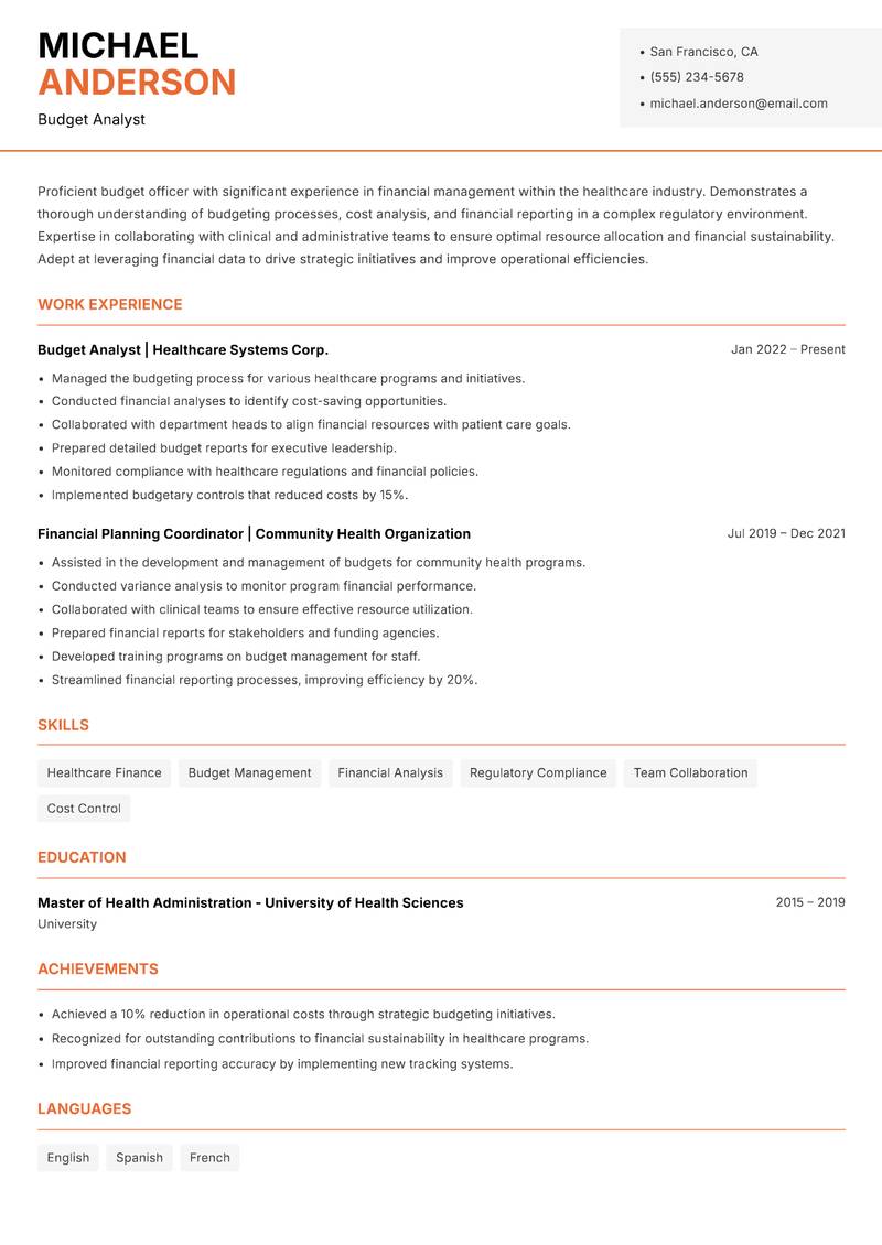 Budget Officer resume sample — Budget Analyst focus