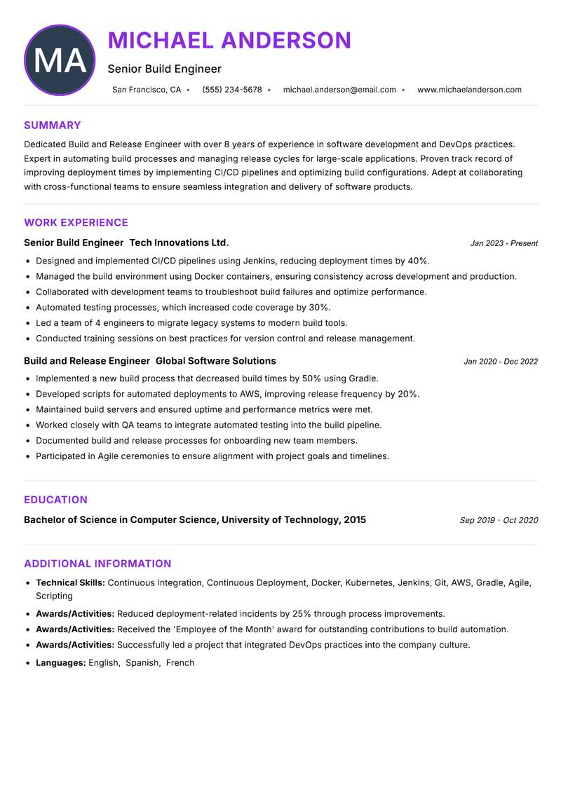 Build and Release Engineer resume example