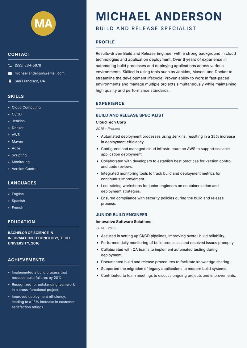 Build and Release Engineer resume sample — Build and Release Specialist focus