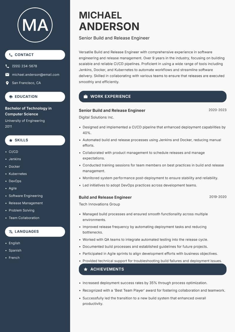 Build and Release Engineer resume sample — Senior Build and Release Engineer focus