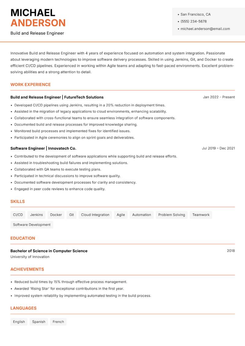 Build and Release Engineer resume sample — Build and Release Engineer focus