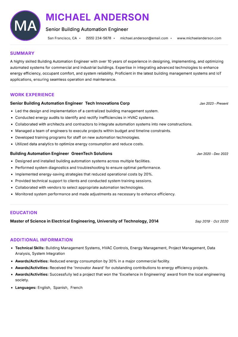 Building Automation Engineer resume example