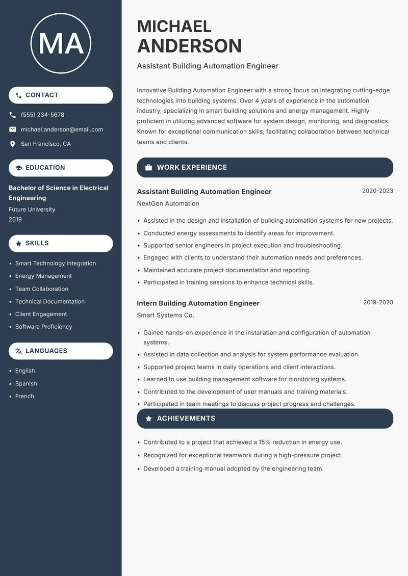 Building Automation Engineer resume sample — Assistant Building Automation Engineer focus