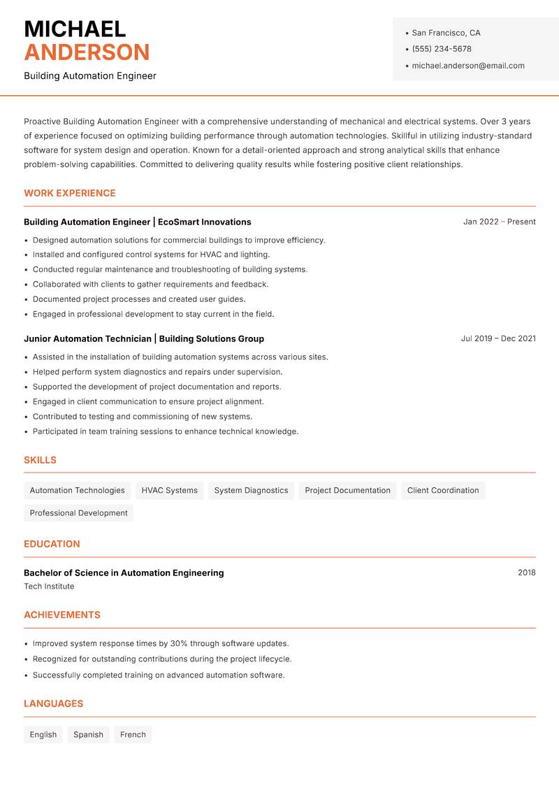 Building Automation Engineer resume sample — Building Automation Engineer focus