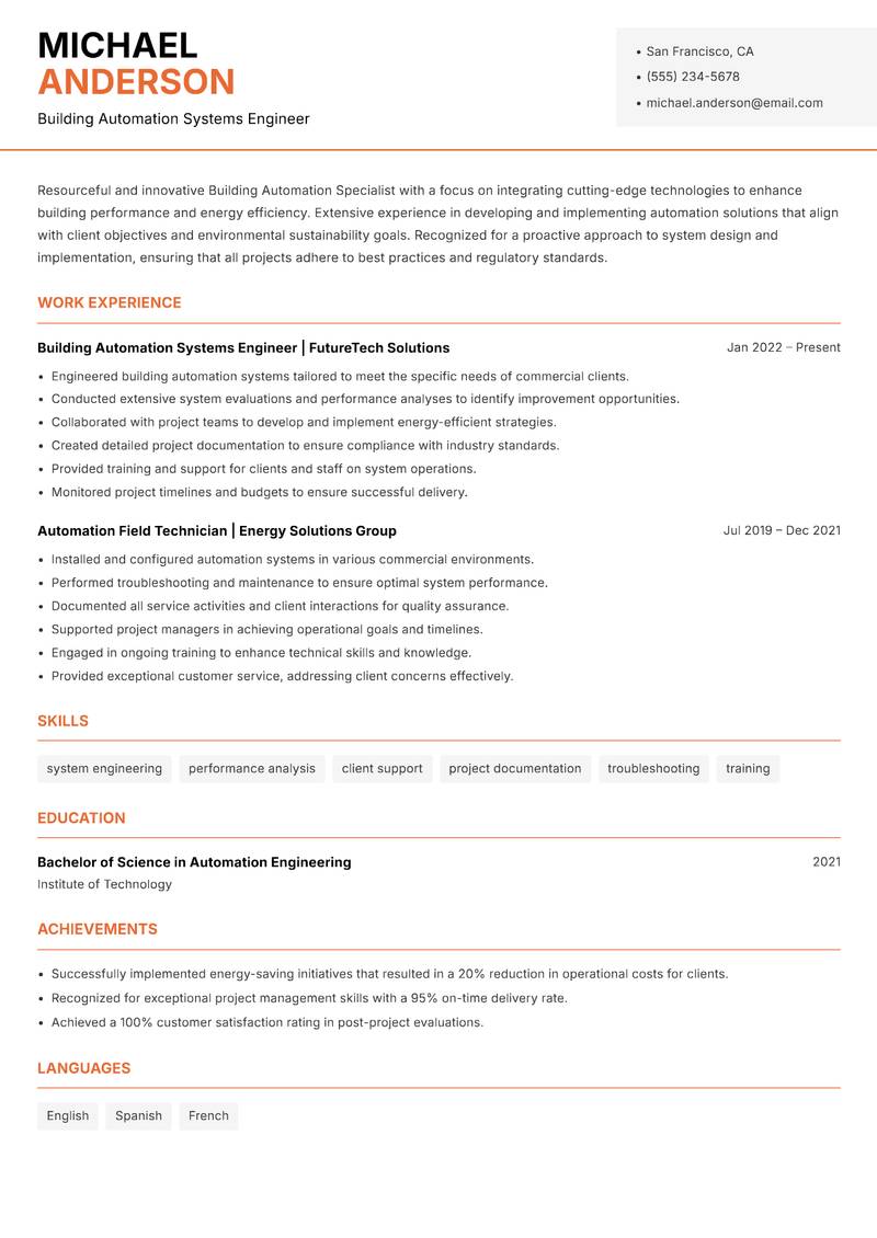 Building Automation Specialist resume sample — Building Automation Systems Engineer focus