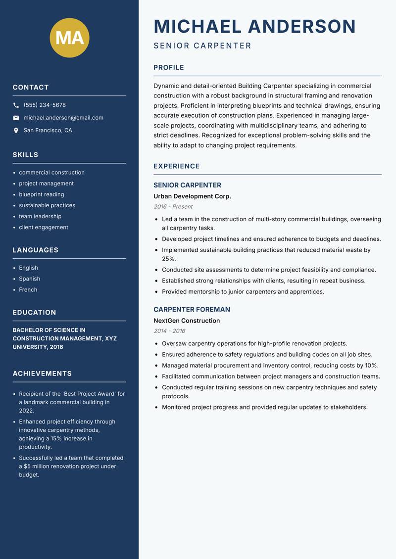 Building Carpenter resume sample — Senior Carpenter focus