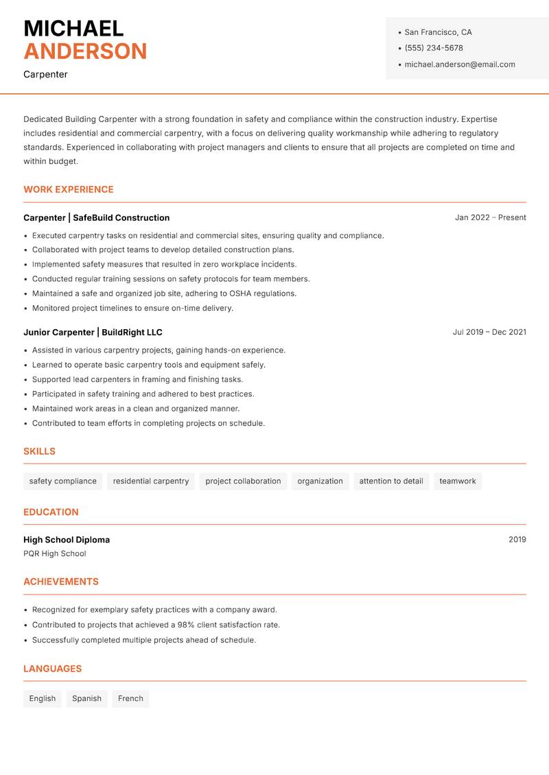 Building Carpenter resume sample — Carpenter focus