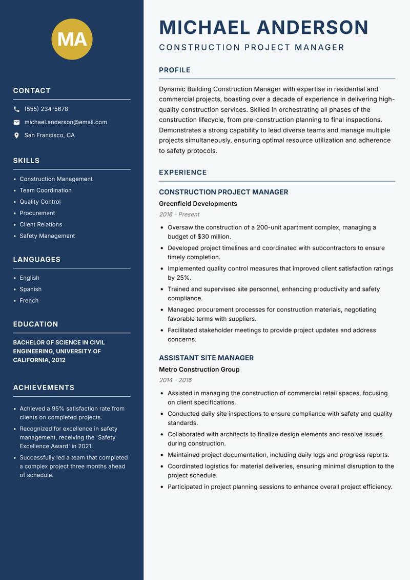 Building Construction Manager resume sample — Construction Project Manager focus