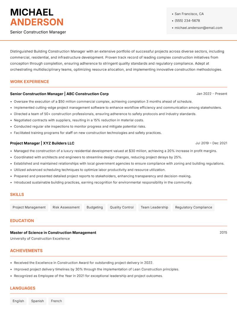 Building Construction Manager resume sample — Senior Construction Manager focus