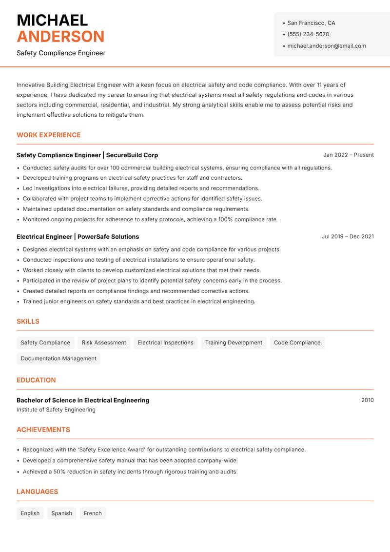 Building Electrical Engineer resume sample — Safety Compliance Engineer focus