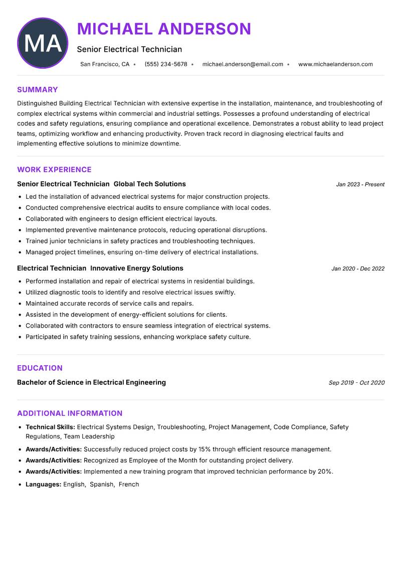 Building Electrical Technician resume example