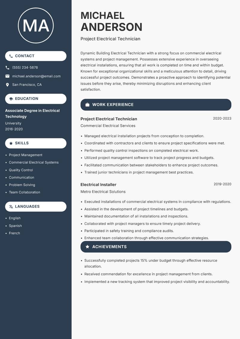 Building Electrical Technician resume sample — Project Electrical Technician focus