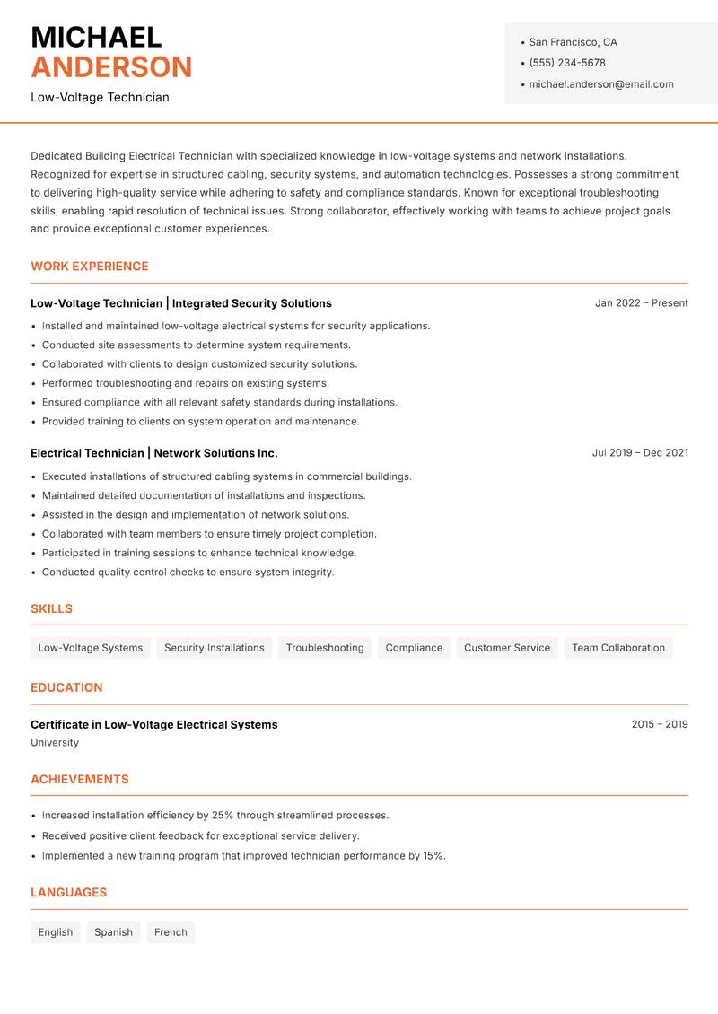 Building Electrical Technician resume sample — Low-Voltage Technician focus
