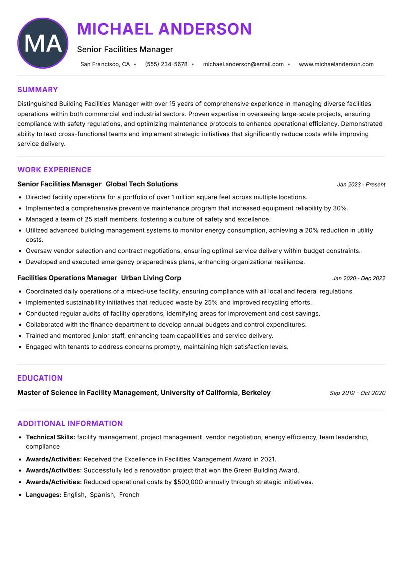 Building Facilities Manager resume example — Facilities Management