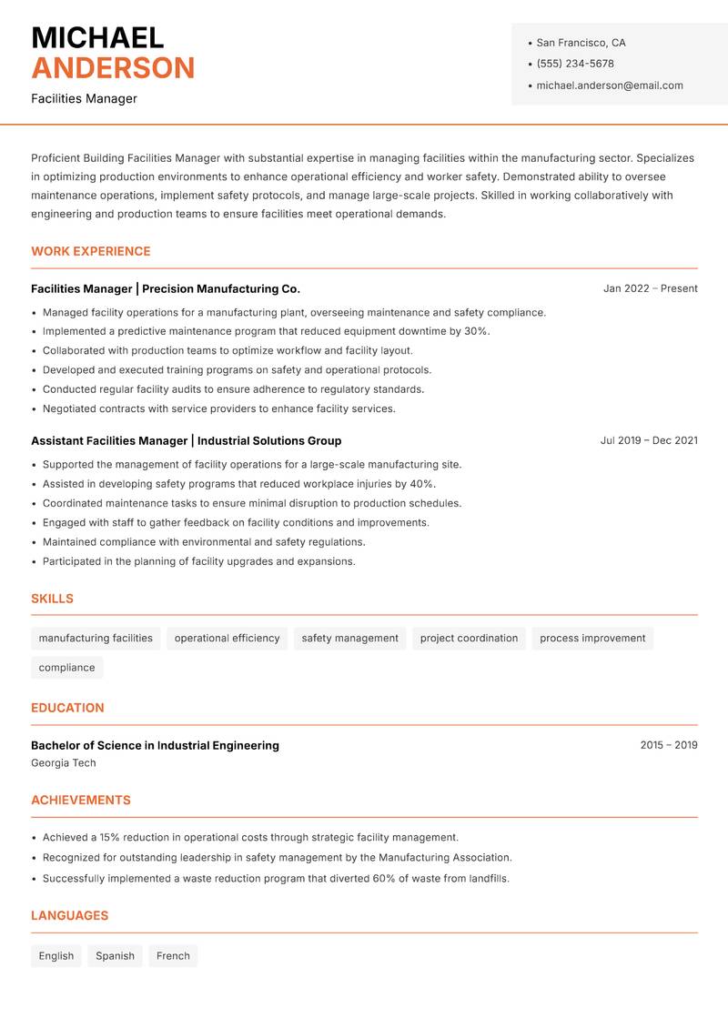 Building Facilities Manager resume sample — Facilities Manager focus