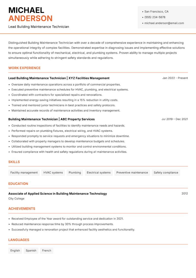 Building Maintenance Technician resume sample — Lead Building Maintenance Technician focus