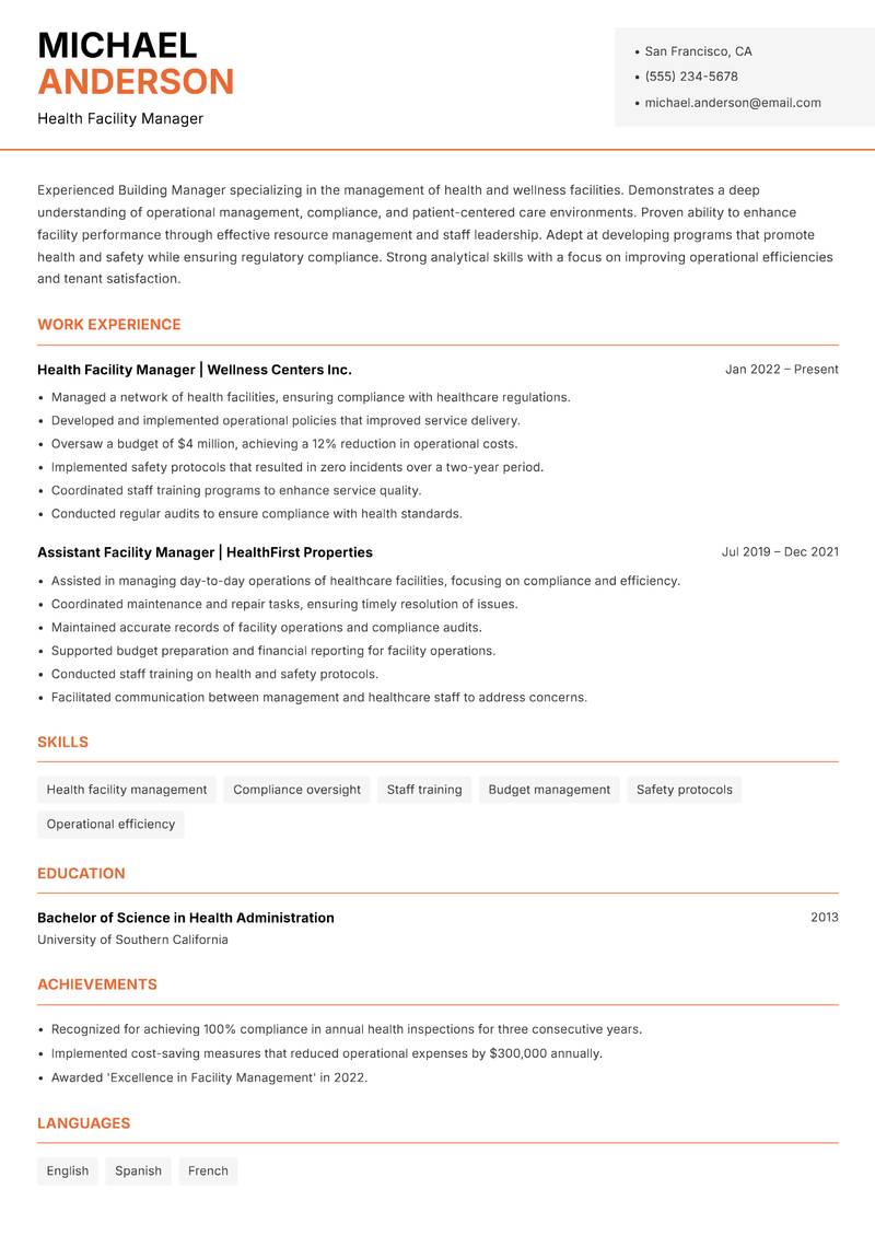 Building Manager resume sample — Health Facility Manager focus