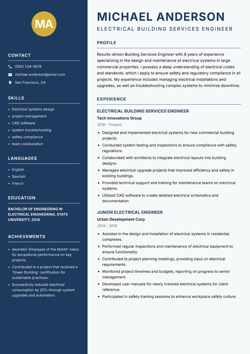 Building Services Engineer resume sample — Electrical Building Services Engineer focus