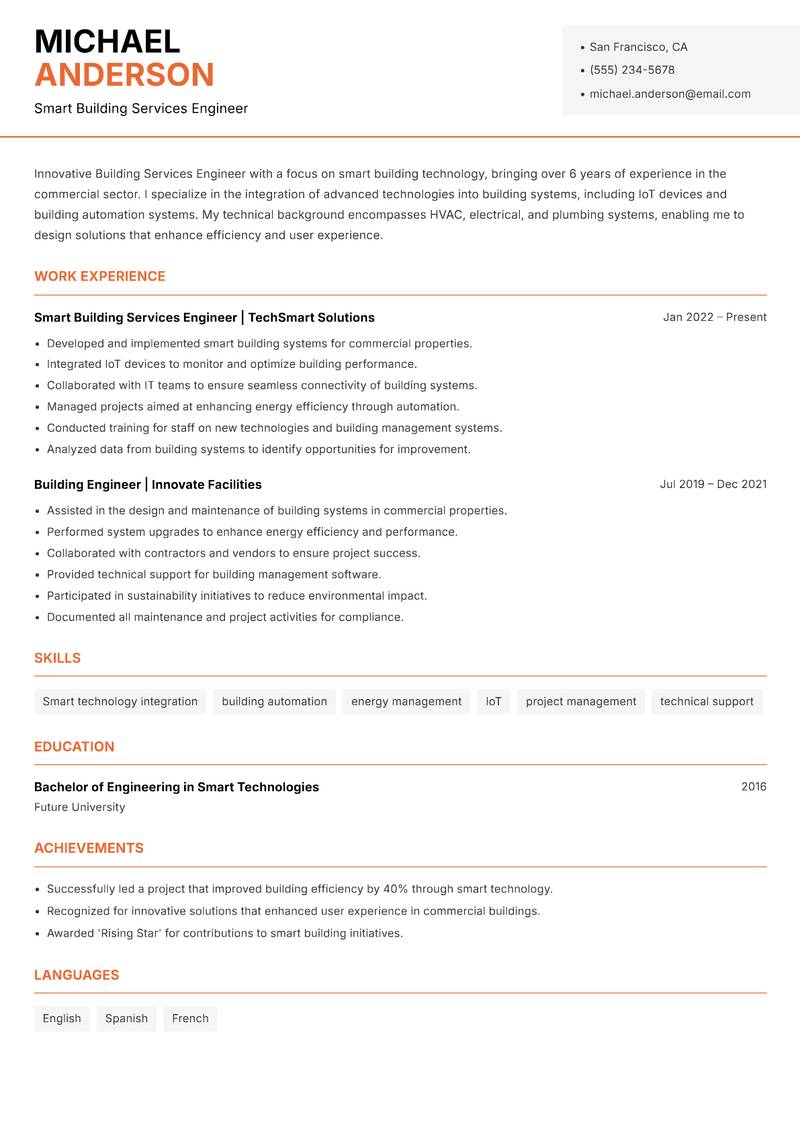 Building Services Engineer resume sample — Smart Building Services Engineer focus
