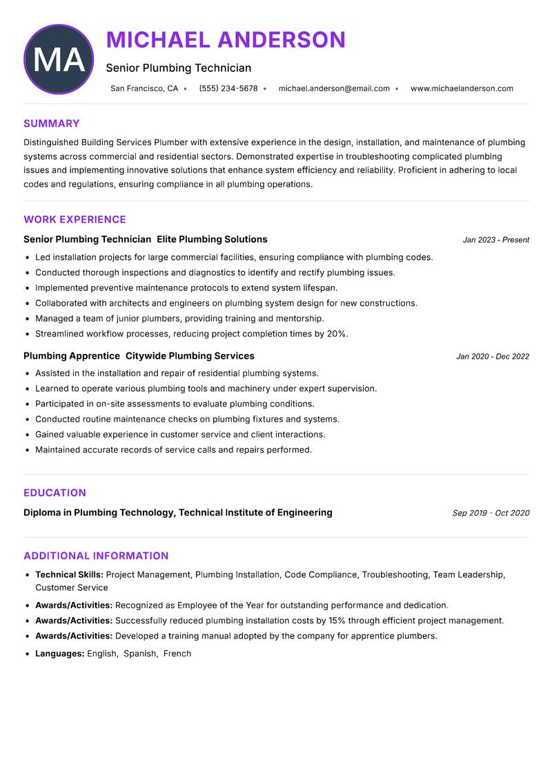 Building Services Plumber resume example — Plumbing