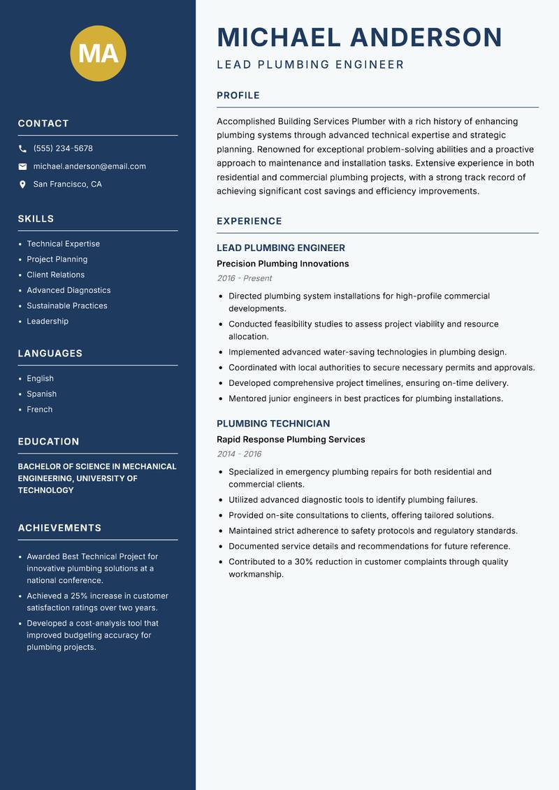 Building Services Plumber resume sample — Lead Plumbing Engineer focus
