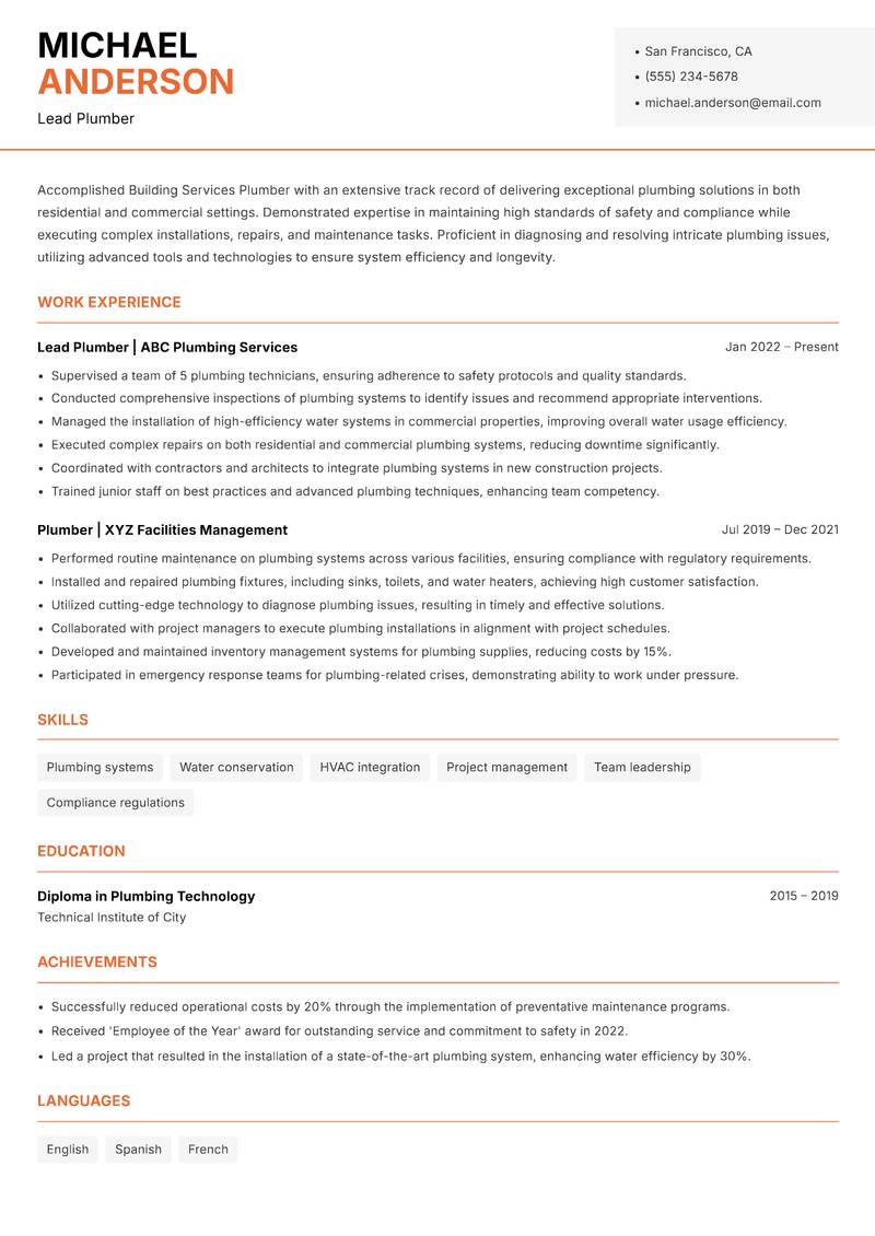 Building Services Plumber resume sample — Lead Plumber focus