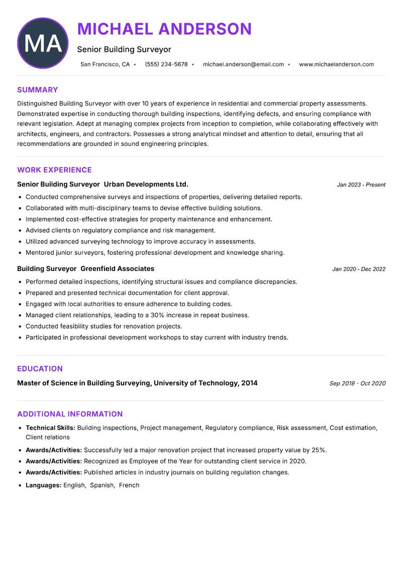 Building Surveyor resume example