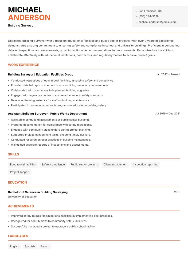 Building Surveyor resume sample — Building Surveyor focus