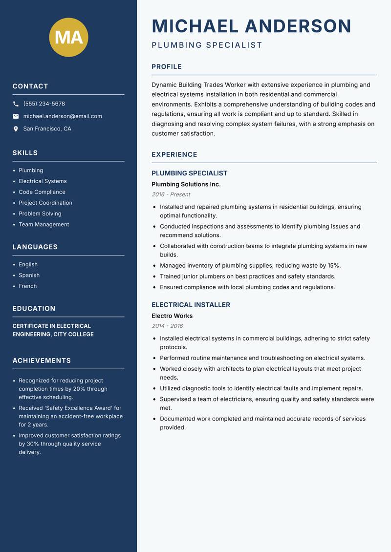 Building Trades Worker resume sample — Plumbing Specialist focus