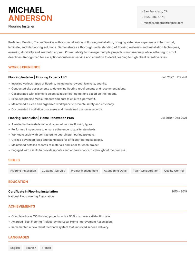 Building Trades Worker resume sample — Flooring Installer focus