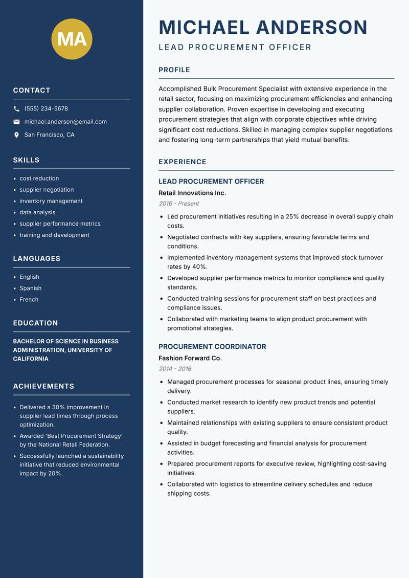 Bulk Procurement Specialist resume sample — Lead Procurement Officer focus